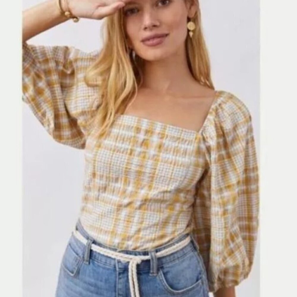 Anthro Maeve White & Yellow Plaid Smocked Blouse - Size M